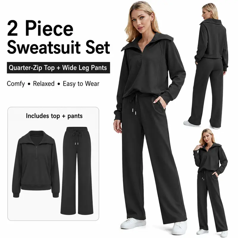 Women’s Half-Zip Sweatshirt & Wide-Leg Pants Set – Relaxed Two-Piece Outfit