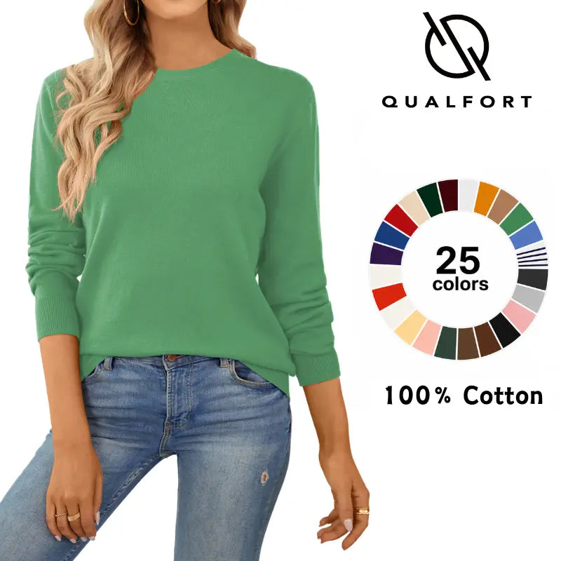 QUALFORT Women's 100% Cotton Crewneck Knitwear - Lightweight