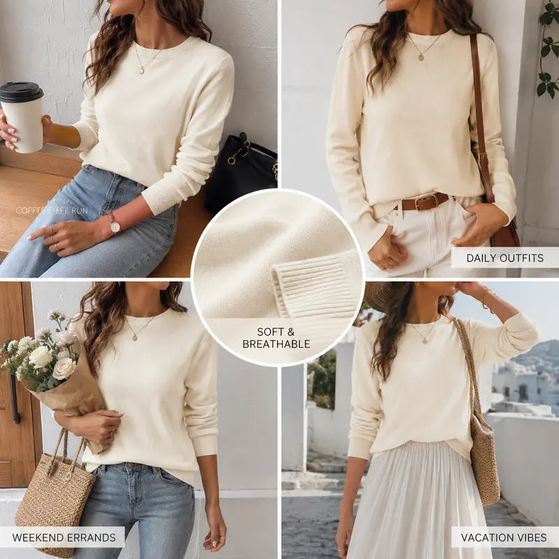 QUALFORT Women's 100% Cotton Crewneck Knitwear - Lightweight