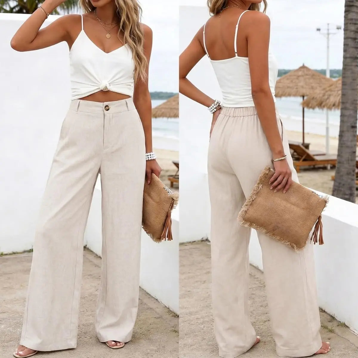 Women's Cotton Linen Pants Casual High Waisted Wide Leg Pants