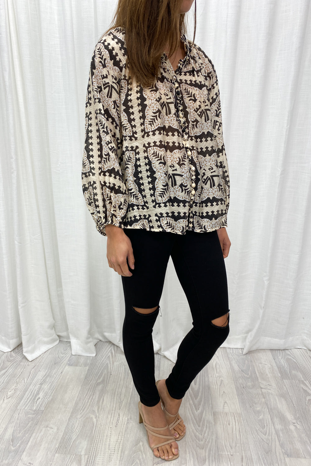 Crinkle Estelle Blouse - Black Geometric