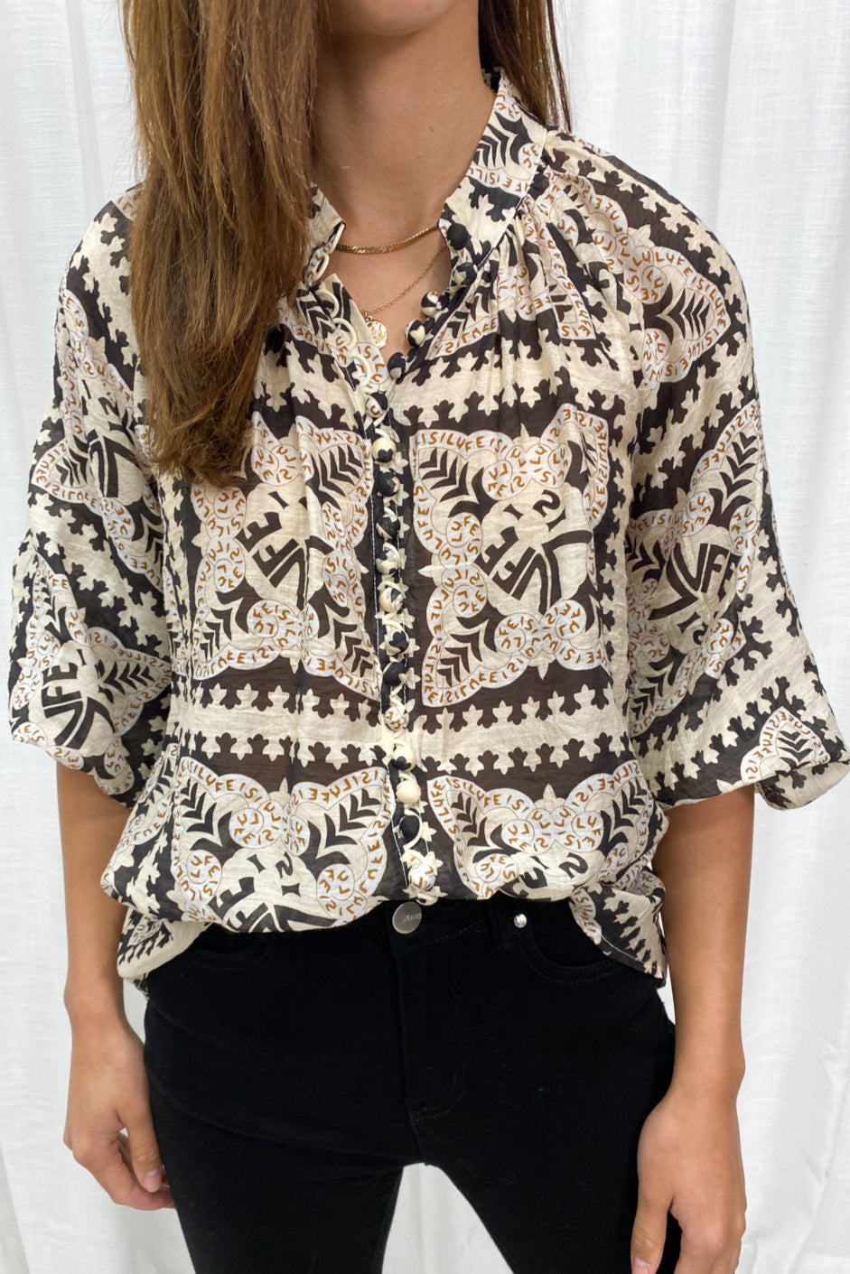 Crinkle Estelle Blouse - Black Geometric