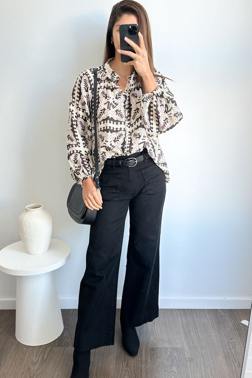 Crinkle Estelle Blouse - Black Geometric