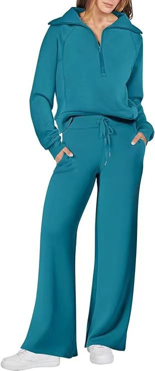 Women’s Half-Zip Sweatshirt & Wide-Leg Pants Set – Relaxed Two-Piece Outfit