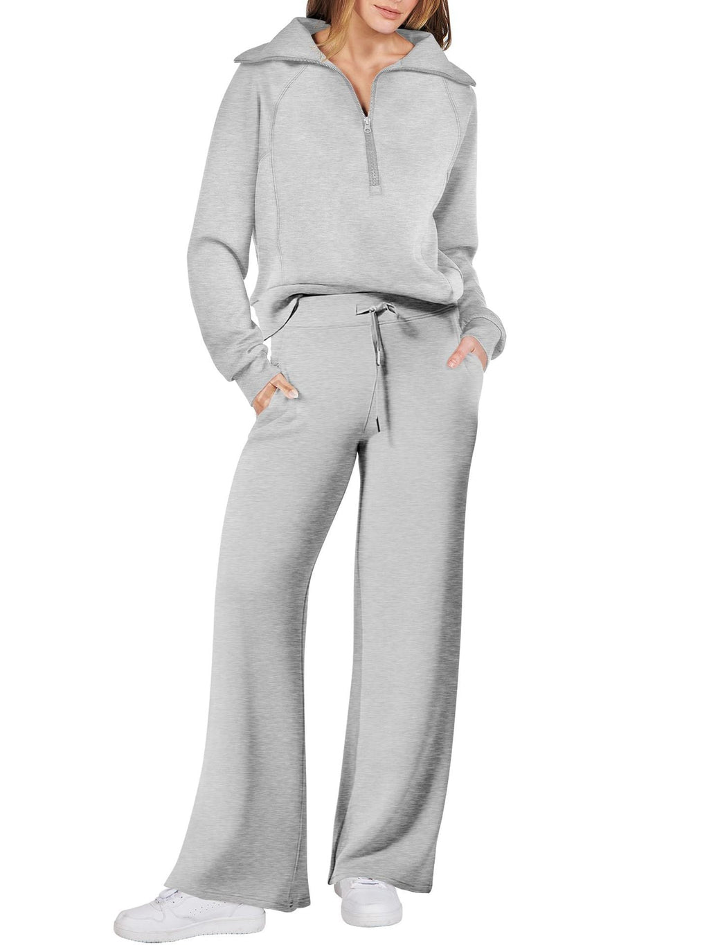 Women’s Half-Zip Sweatshirt & Wide-Leg Pants Set – Relaxed Two-Piece Outfit