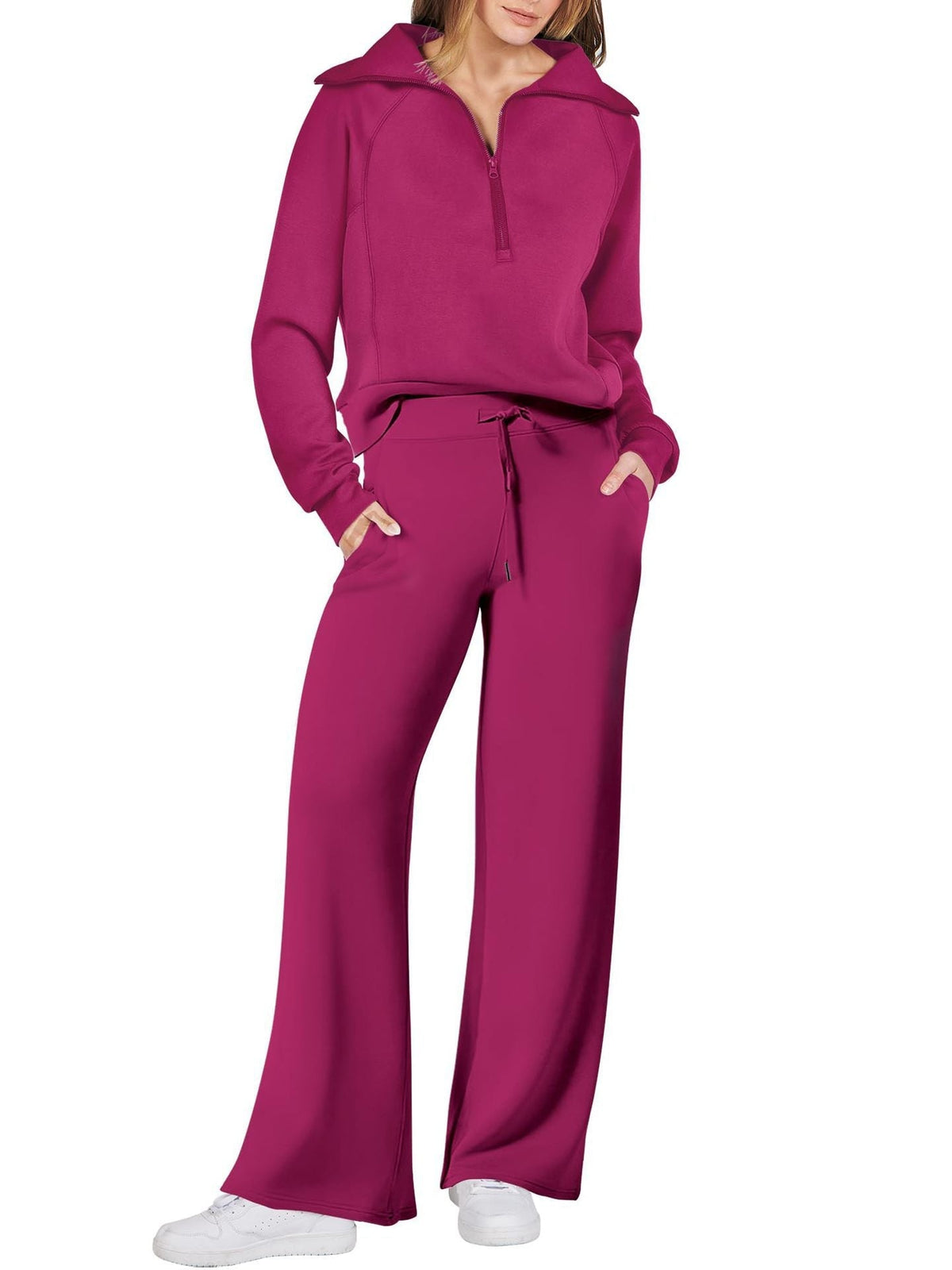 Women’s Half-Zip Sweatshirt & Wide-Leg Pants Set – Relaxed Two-Piece Outfit