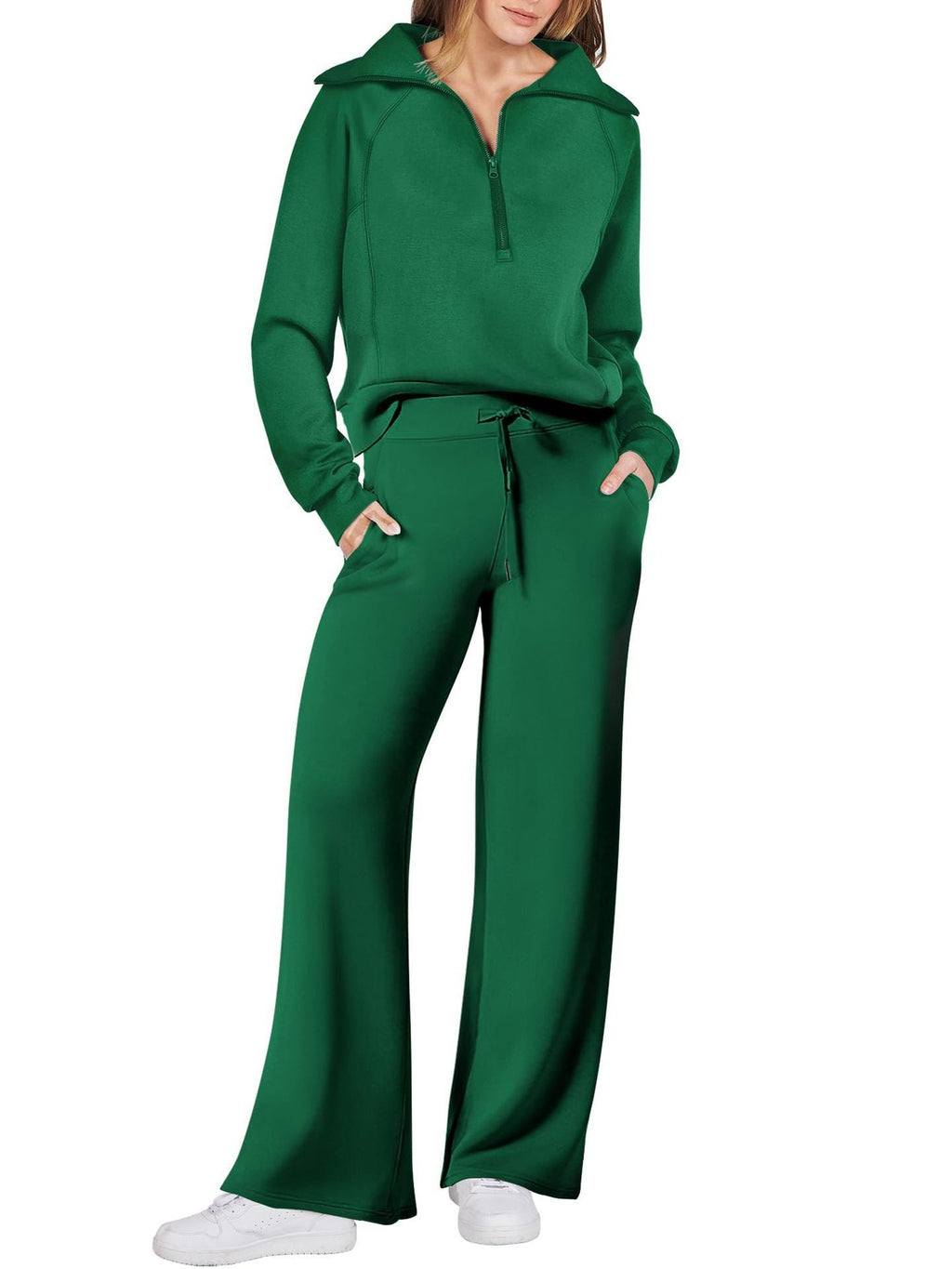 Women’s Half-Zip Sweatshirt & Wide-Leg Pants Set – Relaxed Two-Piece Outfit
