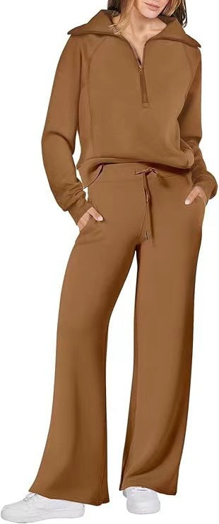 Women’s Half-Zip Sweatshirt & Wide-Leg Pants Set – Relaxed Two-Piece Outfit