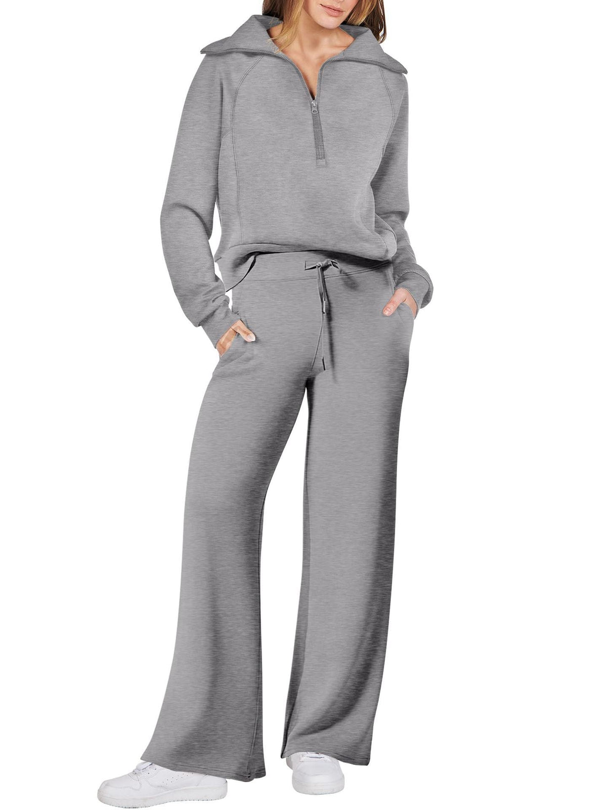 Women’s Half-Zip Sweatshirt & Wide-Leg Pants Set – Relaxed Two-Piece Outfit