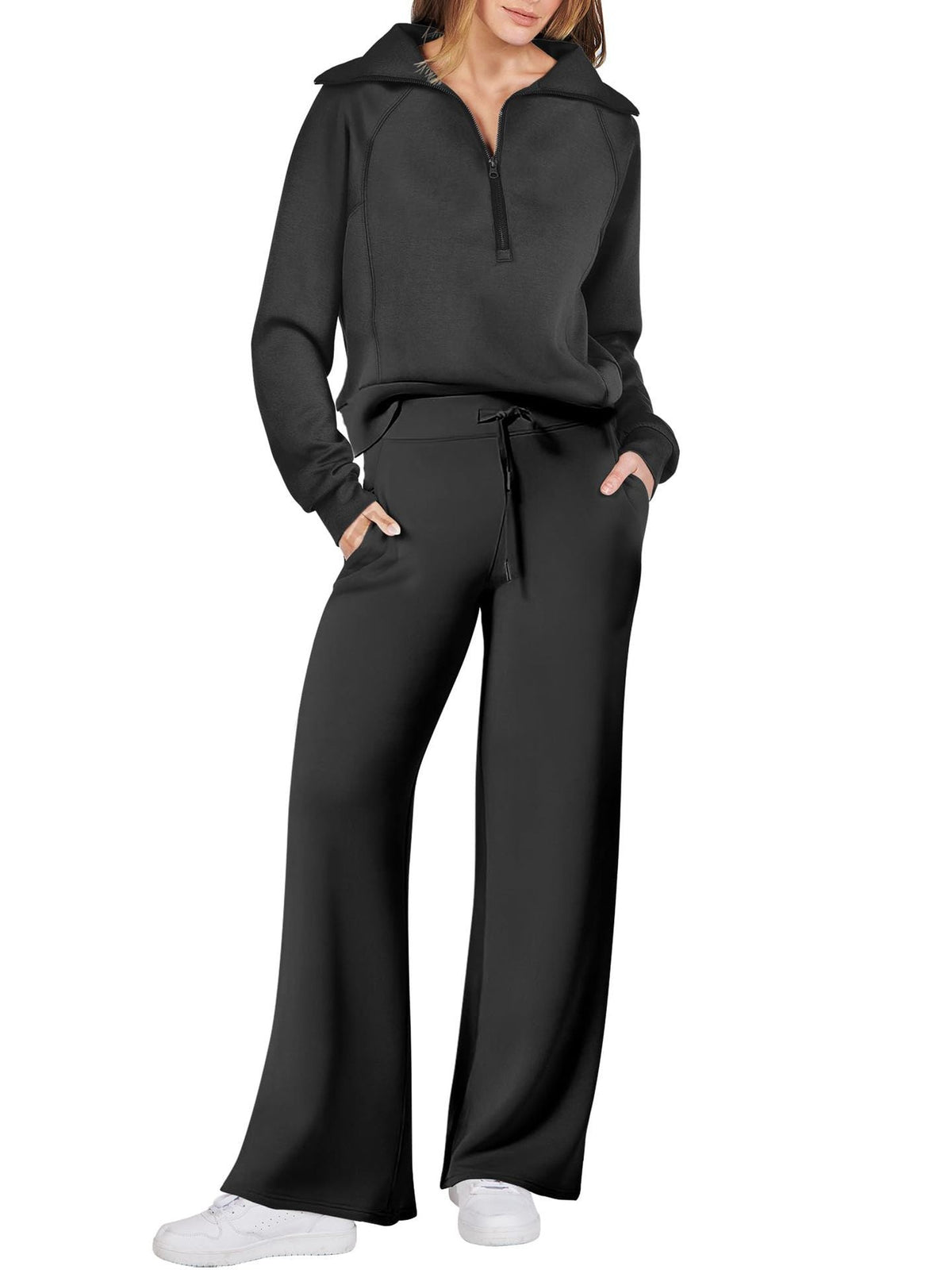 Women’s Half-Zip Sweatshirt & Wide-Leg Pants Set – Relaxed Two-Piece Outfit