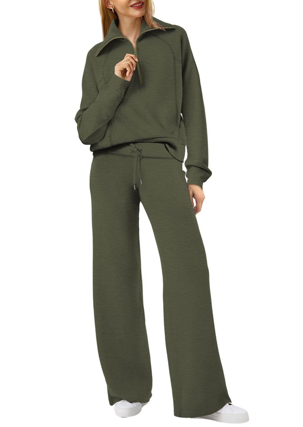 Women’s Half-Zip Sweatshirt & Wide-Leg Pants Set – Relaxed Two-Piece Outfit