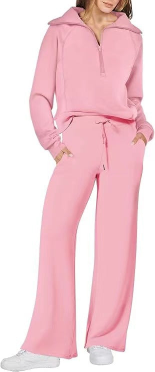Women’s Half-Zip Sweatshirt & Wide-Leg Pants Set – Relaxed Two-Piece Outfit