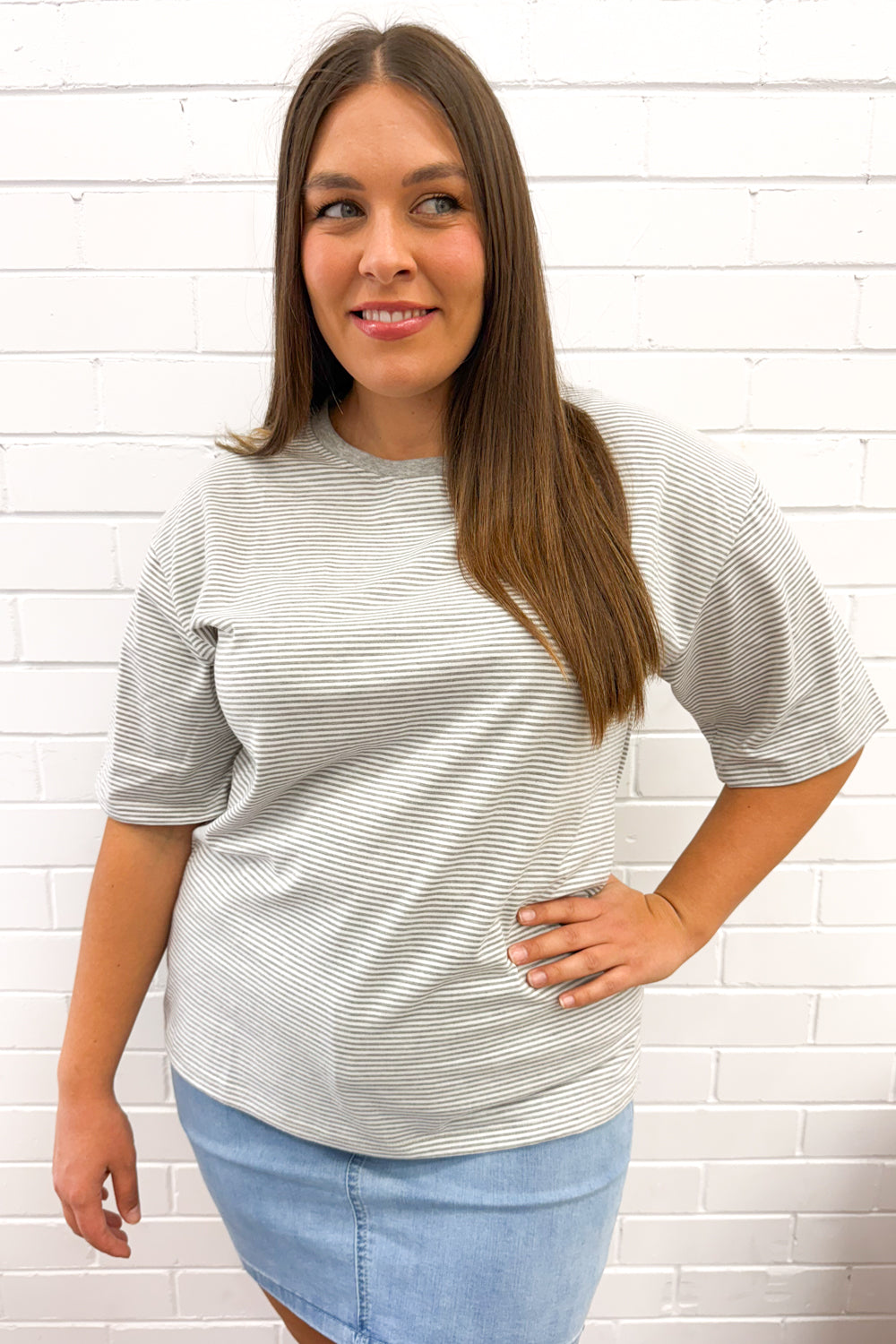 Tammie Tee - Grey White Stripe