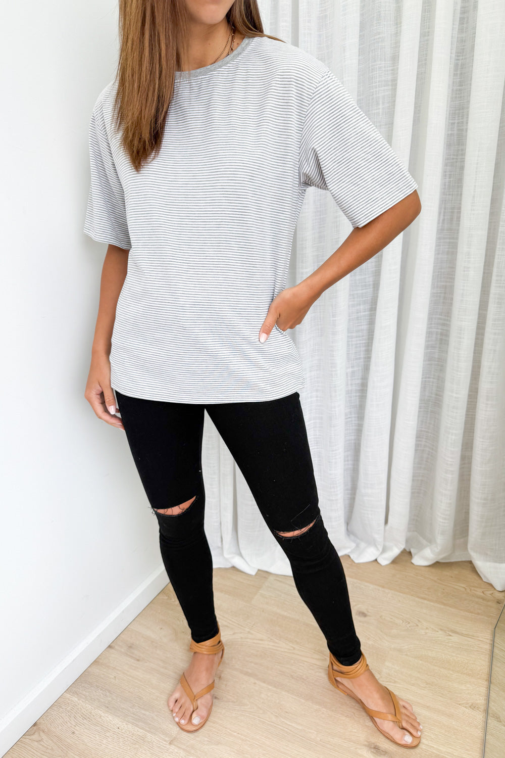 Tammie Tee - Grey White Stripe