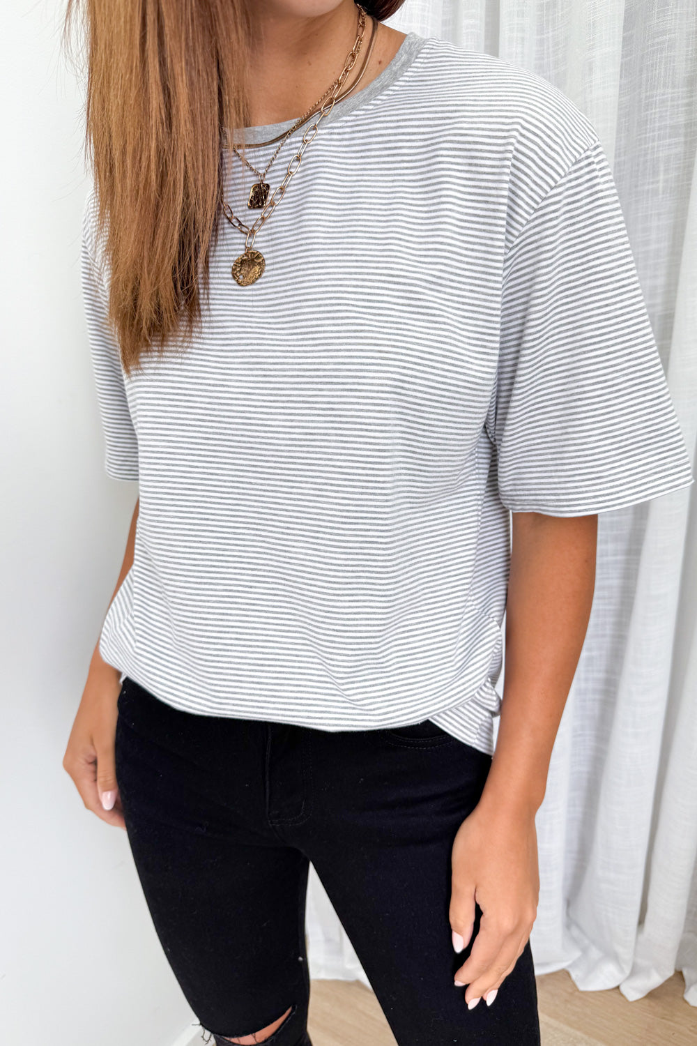 Tammie Tee - Grey White Stripe