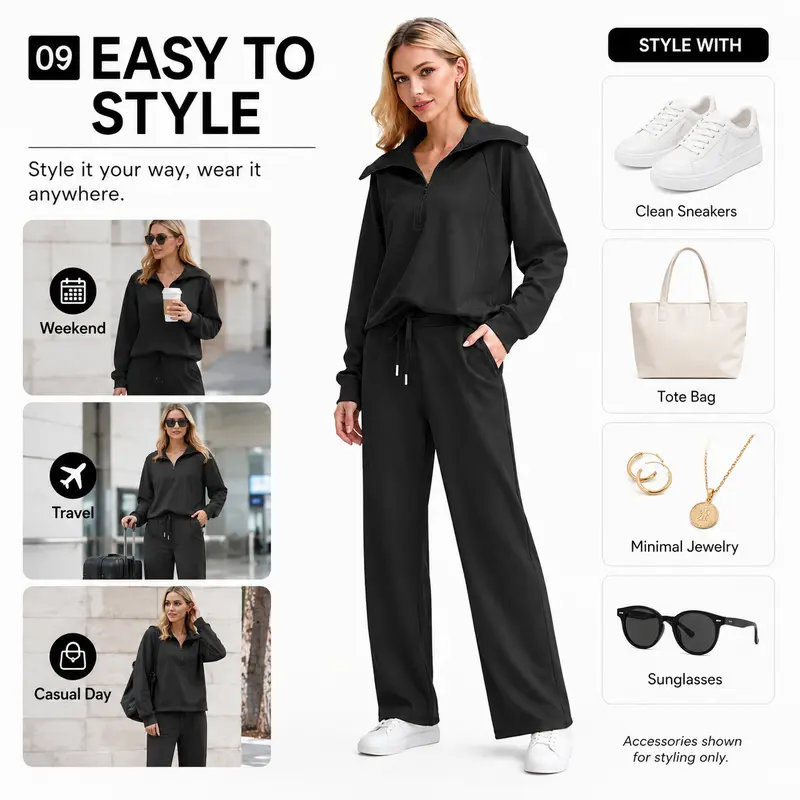 Women’s Half-Zip Sweatshirt & Wide-Leg Pants Set – Relaxed Two-Piece Outfit