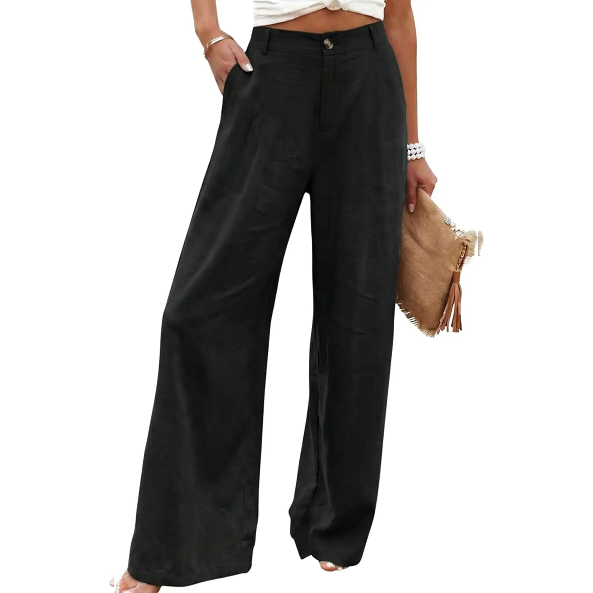 Women's Cotton Linen Pants Casual High Waisted Wide Leg Pants