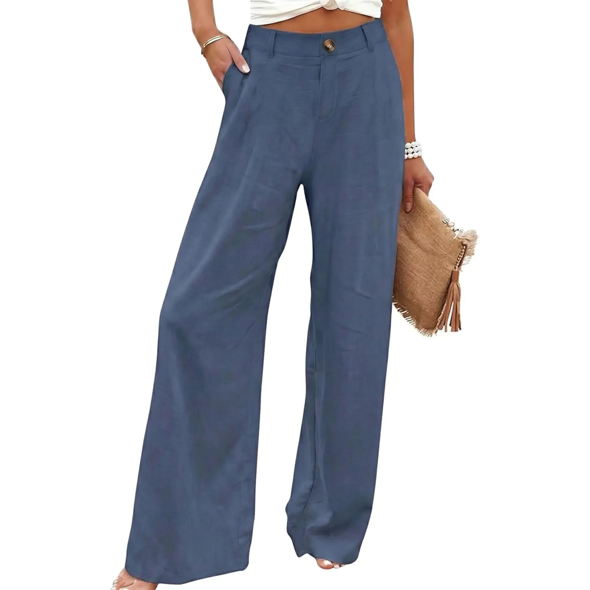 Women's Cotton Linen Pants Casual High Waisted Wide Leg Pants